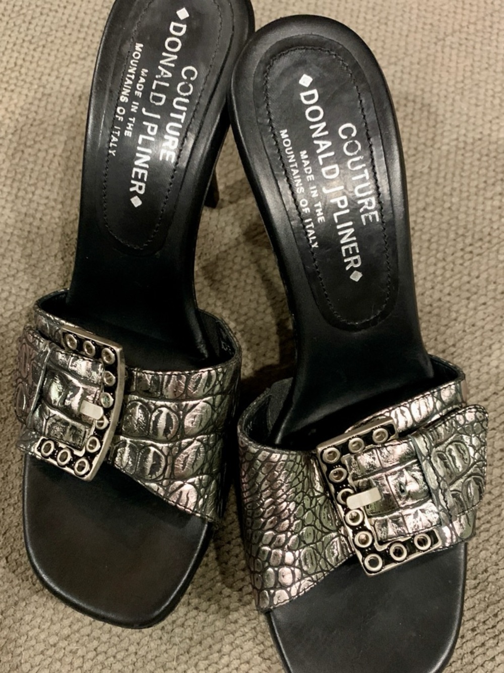 Donald J. Pliner Metallic Silver Croc-Embossed Buckle Slide Heels